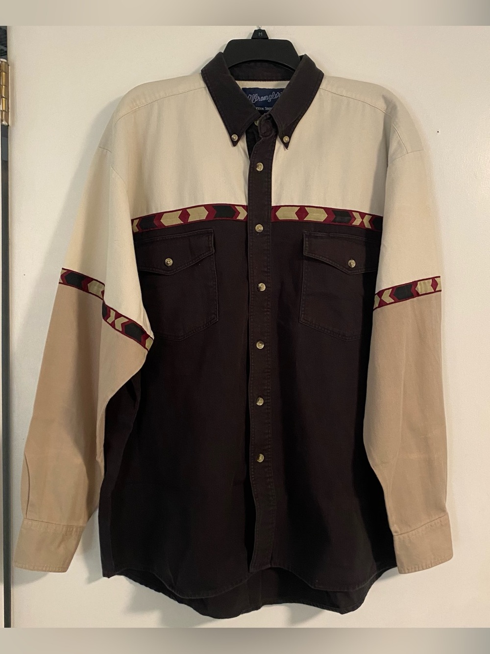 VTG Wrangler Western Button Down Shirt Mens XL Colorblock Brown/Black Aztec